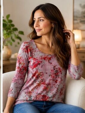 Style & Co. Scoop Neck Floral Knit Top - Pink & Grey Size M Cottagecore